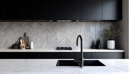 Modern kitchen with black cabinets, white marble countertop and silver sink in front of wall made from chevron pattern tiles. Minimalist interior design .