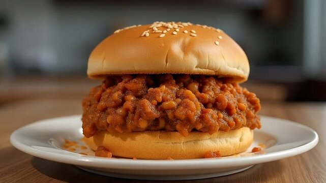 Savory sloppy joe mixture in a bun and served hot