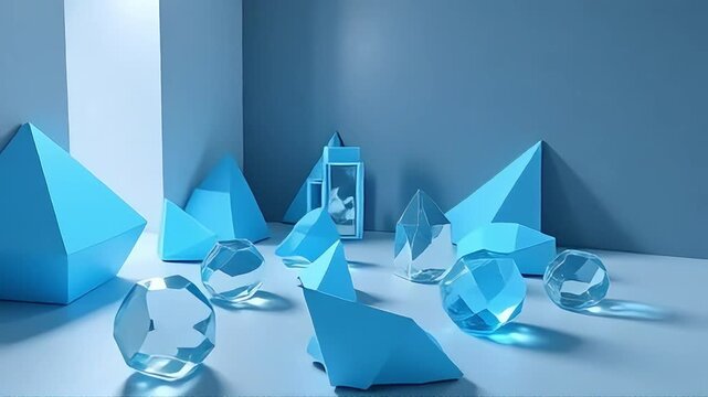 A collection of blue geometric shapes and clear crystal objects on a blue surface in a studio