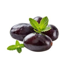 Prune healthy snack Fresh dark grapes with mint leaves isolated on transparent background