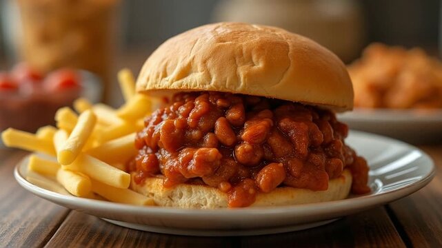 Savory sloppy joe mixture in a bun and served hot