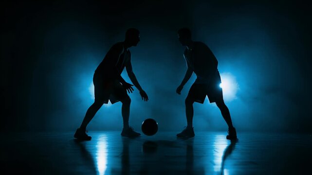 Silhouette of two basketball players facing each other with one bouncing the ball