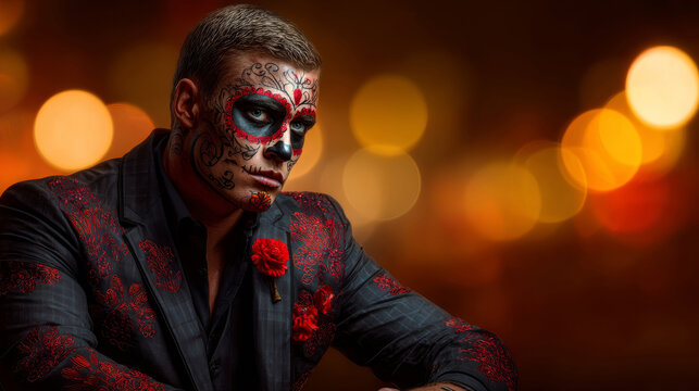 Man with Day of the Dead makeup celebrates tradition in vibrant attire at a festive gathering