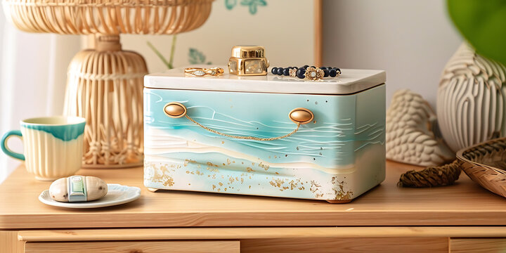 Blue Wooden Box with Gold Knobs on Table Beside Cup and Decor Pieces

