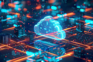Cloud Computing Technology Concept with a Glowing Digital Cloud and Data Streams