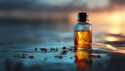 Amber oil bottle on rippled water at sunset