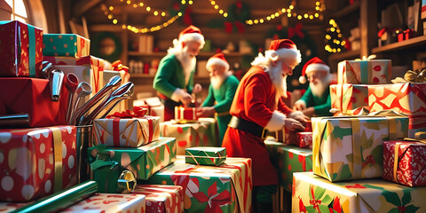  Santa and Elves Packing Colorful Gifts in Festive Workshop with Warm Lighting