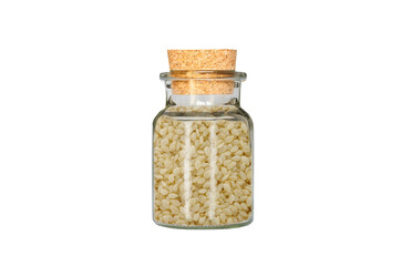 sesame in glass container isolated on white background