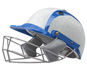 Cricket helmet in white and blue color with a metal grid, transparent background PNG.