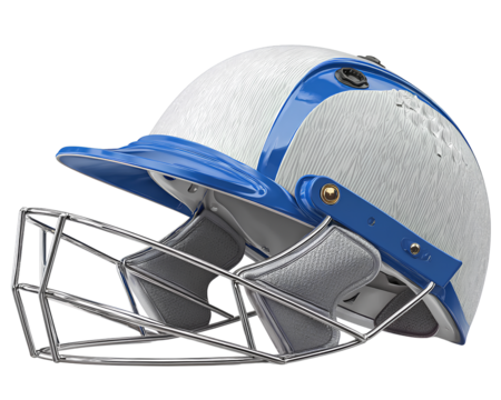 Cricket helmet in white and blue color with a metal grid, transparent background PNG.