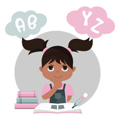 A cute student girl with dark hair, in a denim jumpsuit and a pink T-shirt with books and letters of the English alphabet.