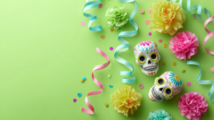 Colorful Day of the Dead decorations on a lime green background with papel picado and sugar skulls