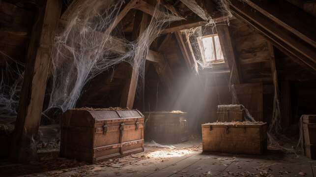Creaky attic with cobwebs and old chest