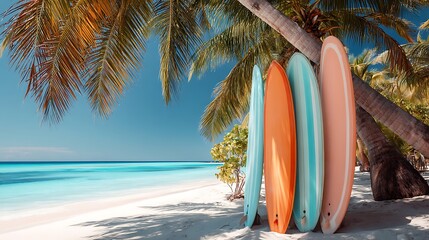 surfboards leaning against palm trees on the beach, clear blue water and white sand in view. The surfboards have pastel colors like peach or light orange, creating an aesthetic .