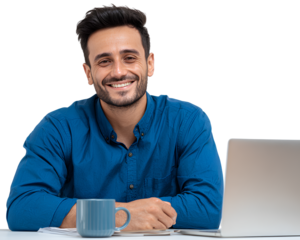 A happy young Arab man wearing a blue shirt, sitting at his desk with a laptop and coffee cup. The image is a transparent background PNG