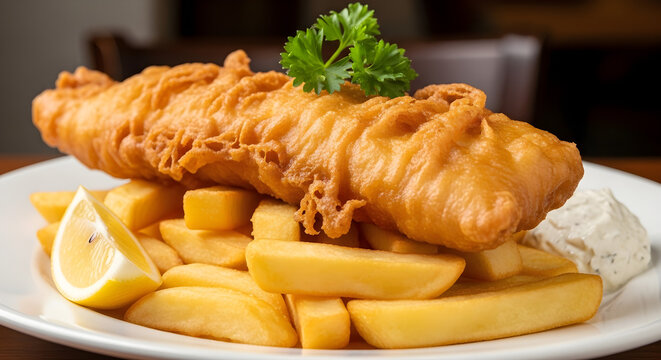 Crispy golden fish and chips with lemon and parsley garnish makes for a delicious and classic British meal, perfect for restaurant menus and food blogs promoting comfort food - Powered by Adobe