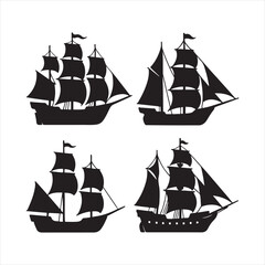 Bundle of 4 Realistic Vintage Sailing Ship Silhouette Illustrations