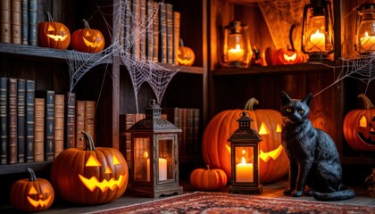 Obraz premium A cozy Halloween-themed corner with faux cobwebs, pumpkins, and vintage lanterns. Perfect for seasonal decor branding, spooky lifestyle campaigns, and World Interior Design Day visuals.