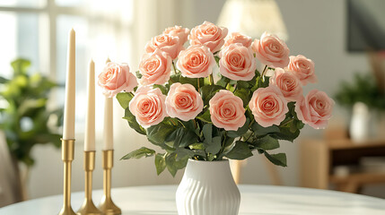 Still life of pink roses in a vase with candles on a white table