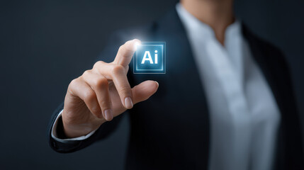 Person in suit interacts with glowing AI icon, symbolizing modern learning tools