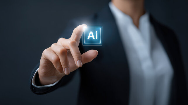 Person in suit interacts with glowing AI icon, symbolizing modern learning tools