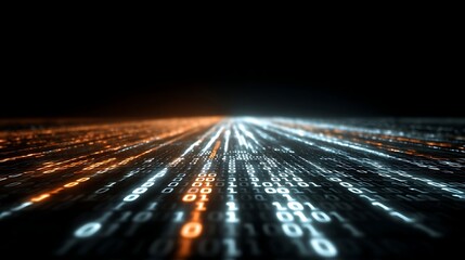 Awesome photo of binary code streams forward along a glowing digital road, symbolizing data transmission, connectivity, and futuristic technology. Abstract.