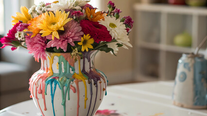 Colorful flower arrangement in painted vase, home decor floral centerpiece, bright daisy bouquet, interior design