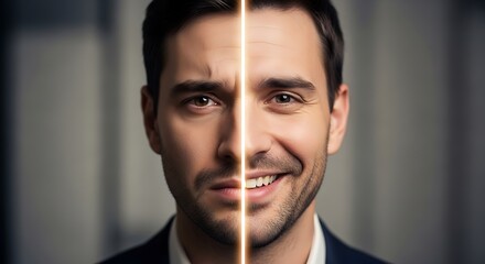 Split face of a man showing sad and happy emotions