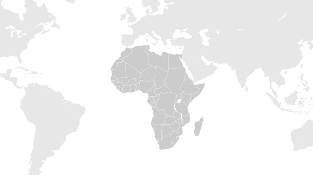 Africa Map. World map animation connecting all continents into a single world map with zoom in map of Africa with country borders in the background with alpha channel. Motion design.