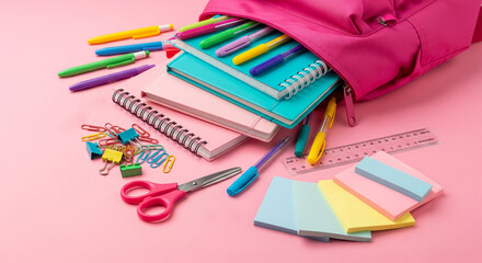 Pink backpack spills open, revealing an assortment of colorful stationery items. All arranged on a soft pink background.
