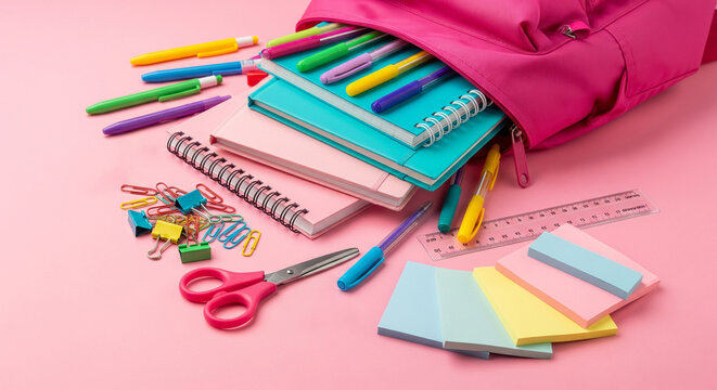 Pink backpack spills open, revealing an assortment of colorful stationery items. All arranged on a soft pink background.