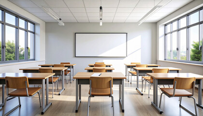 Classroom interior showing empty chair and desk, suitable for education background