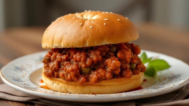 Savory sloppy joe filling in a toasted hamburger bun