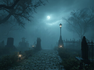 Foggy graveyard at night with moonlight