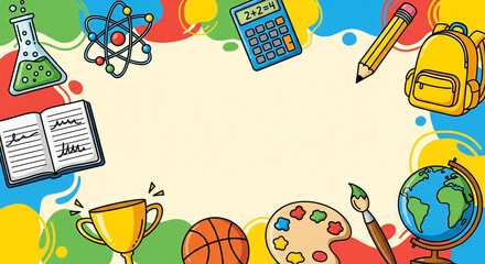 Colorful border featuring educational icons, include an atom, a calculator, a pencil, a backpack, an open book, a trophy, a basketball, a paint palette, and a globe.