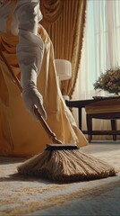 Maid sweeping a luxurious hotel room