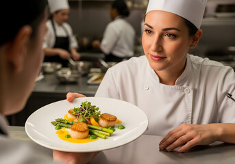 Elegant plate of seared scallops with asparagus creating a sophisticated culinary experience in a professional restaurant kitchen with aspiring female chefs learning the craft