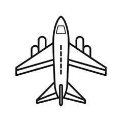 A minimalist, black and white line drawing of a jet airplane viewed from directly overhead, showcasing its wings, fuselage, and tail.