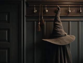 Witch hat hanging on a coat rack in a dim hallway