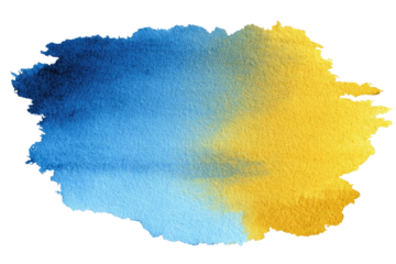 Abstract watercolor blob, blue and gold.  Brushstrokes blend from blue to gold.  Soft edges