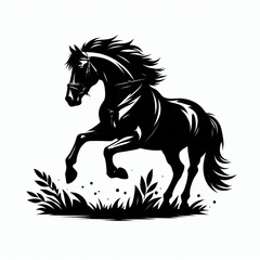 Majestic black horse rearing with flowing mane and tail in a field