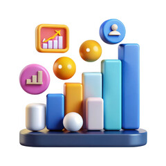 3d colorful bar chart with spheres and icons isolated on transparent background