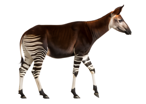 Okapi turning back, striped legs, long neck, isolated on transparent background