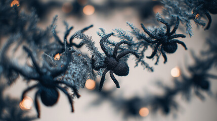 Close-up of creepy Halloween garland with fake spiders