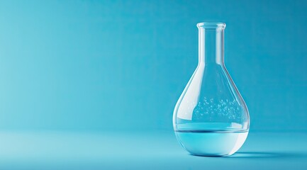 Clear glass flask with pale blue liquid on a vibrant blue background