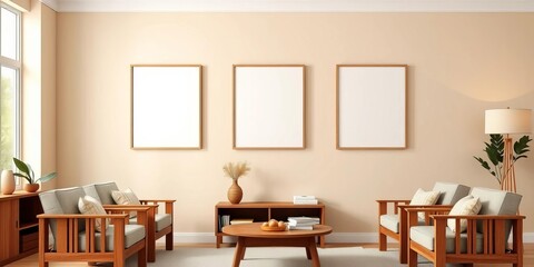 Beige wall, three empty frames, wooden furniture, cozy armchairs, minimalist living room,  style,  frame