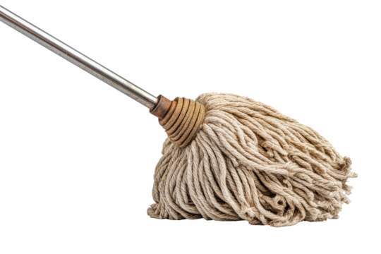 Close-up of a beige cotton mop head attached to a chrome-colored metal handle