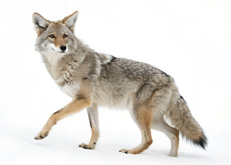 Obraz premium Coyote alert pause, mid-step with lifted paw, gray fur, isolated on white background, wild dog awareness
