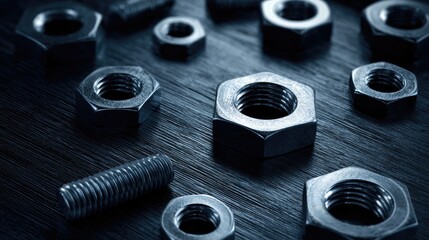 Close-up of various metal nuts and bolts on a dark wooden surface