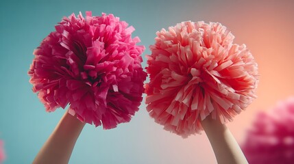 Awesome photo of two cheerleaders raising their pom-poms high with energy and enthusiasm. Minimalistic, blurred background with soft colors. Perfect for sports, team spirit.